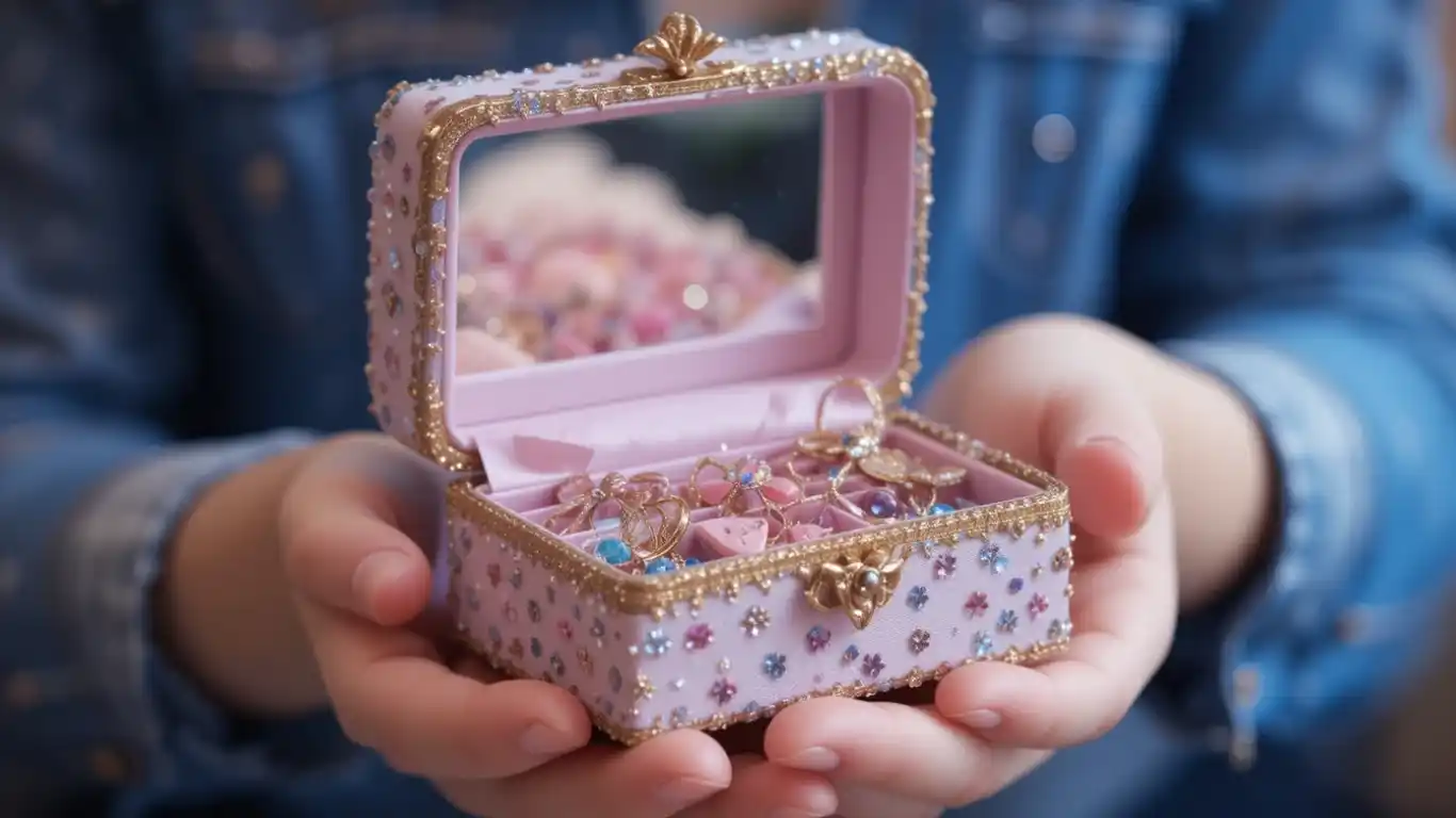 Une boite a bijoux fille rose ornée de motifs dorés, ouverte pour révéler des compartiments remplis de bijoux, entourée de pétales de roses.