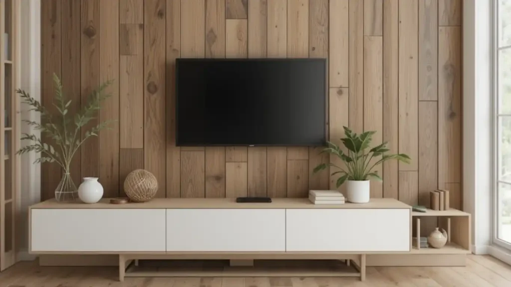 Intérieur moderne avec décoration murale bois, étagères sur mesure et plantes d'intérieur.
