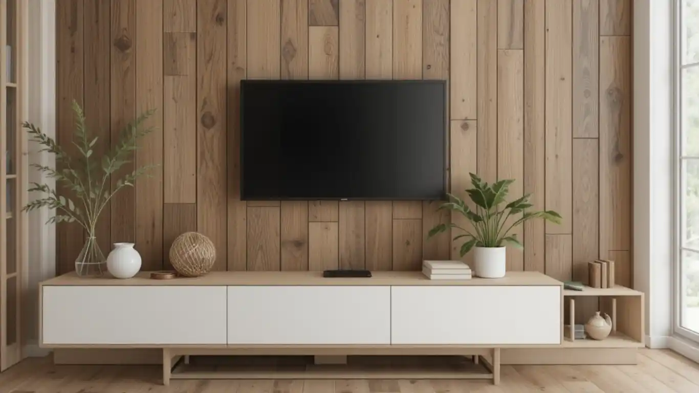 Intérieur moderne avec décoration murale bois, étagères sur mesure et plantes d'intérieur.