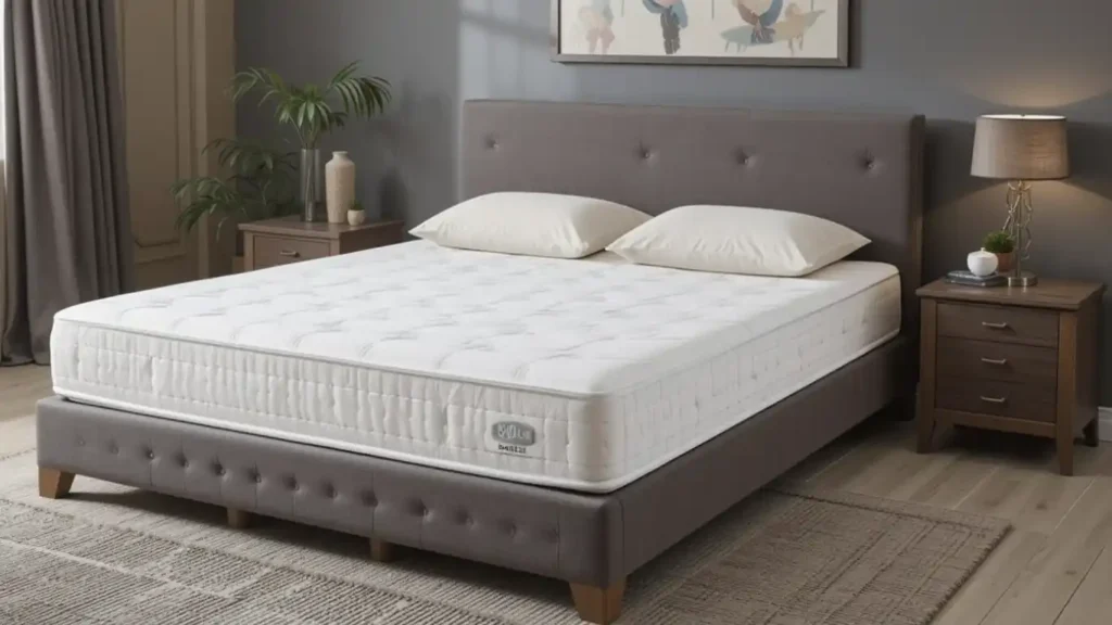 Matelas 200x200 sur un lit moderne avec une tête de lit capitonnée et des coussins confortables.