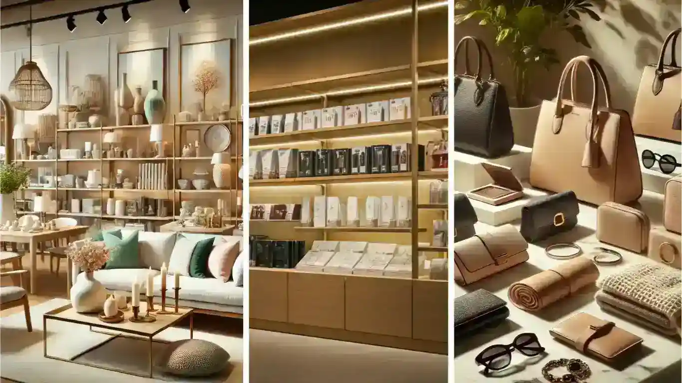 à propos de nous : Affichage chic d'une boutique de quariva shop contemporaine mettant en avant des articles de décoration intérieure et des accessoires de mode.