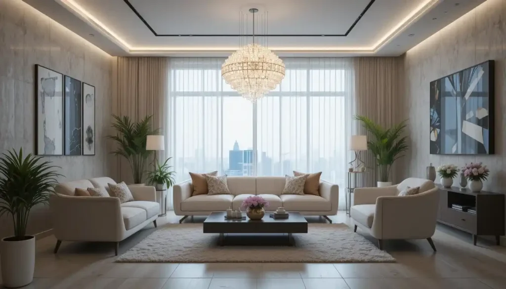un lustre pour salon moderne, canapé et décoration contemporaine.