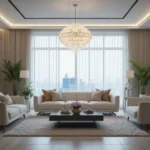 un lustre pour salon moderne, canapé et décoration contemporaine.