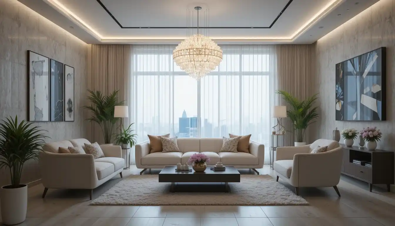 un lustre pour salon moderne, canapé et décoration contemporaine.